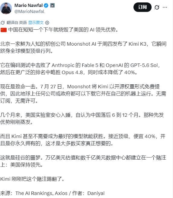 外媒报道一出，网上很快冒出一句狠话：Kimi K3只用一个下午，就烧掉了美国AI