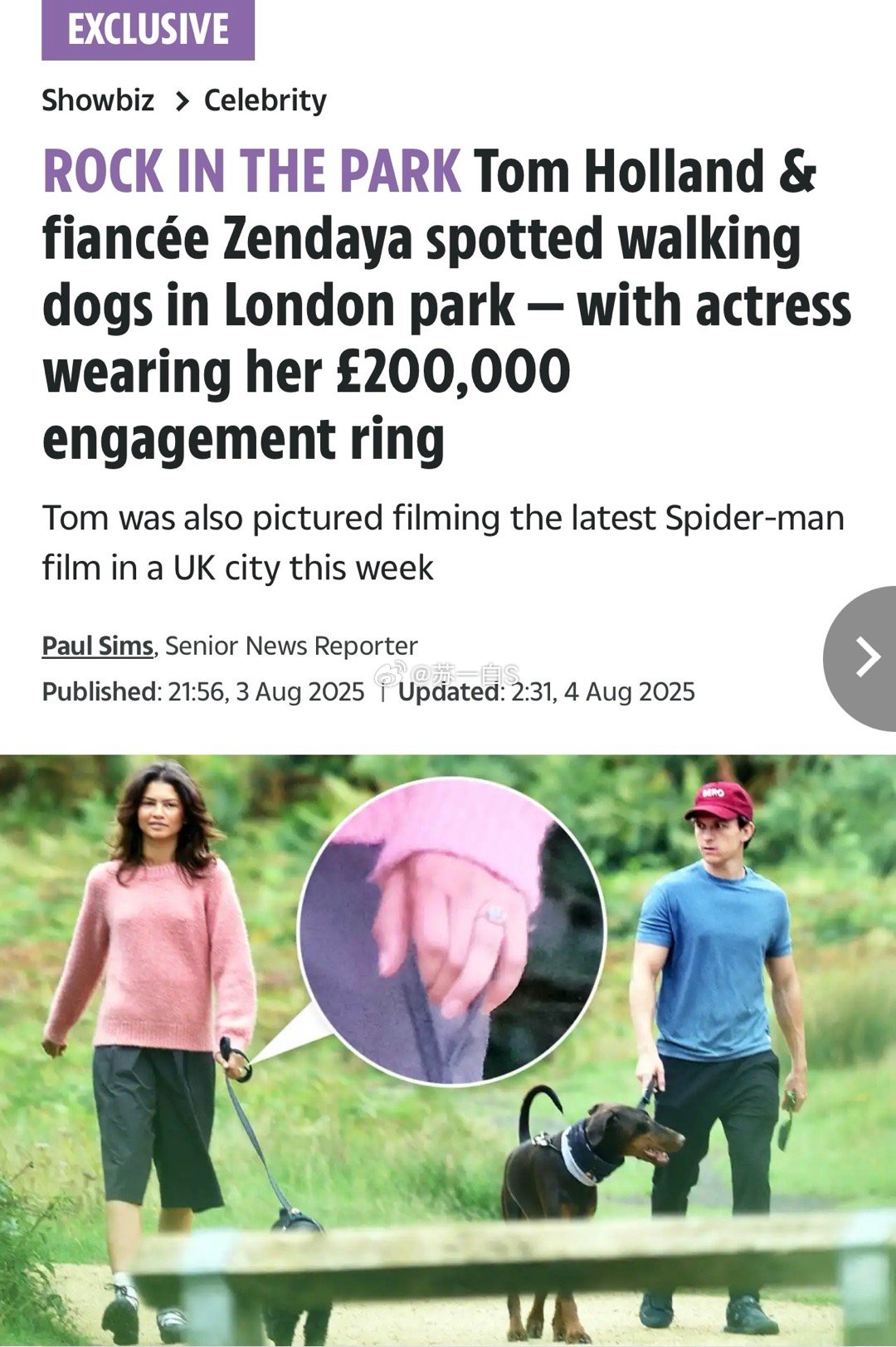 被拍到在伦敦遛狗的赞达亚Zendaya和“荷兰弟”Tom Holland👇特写