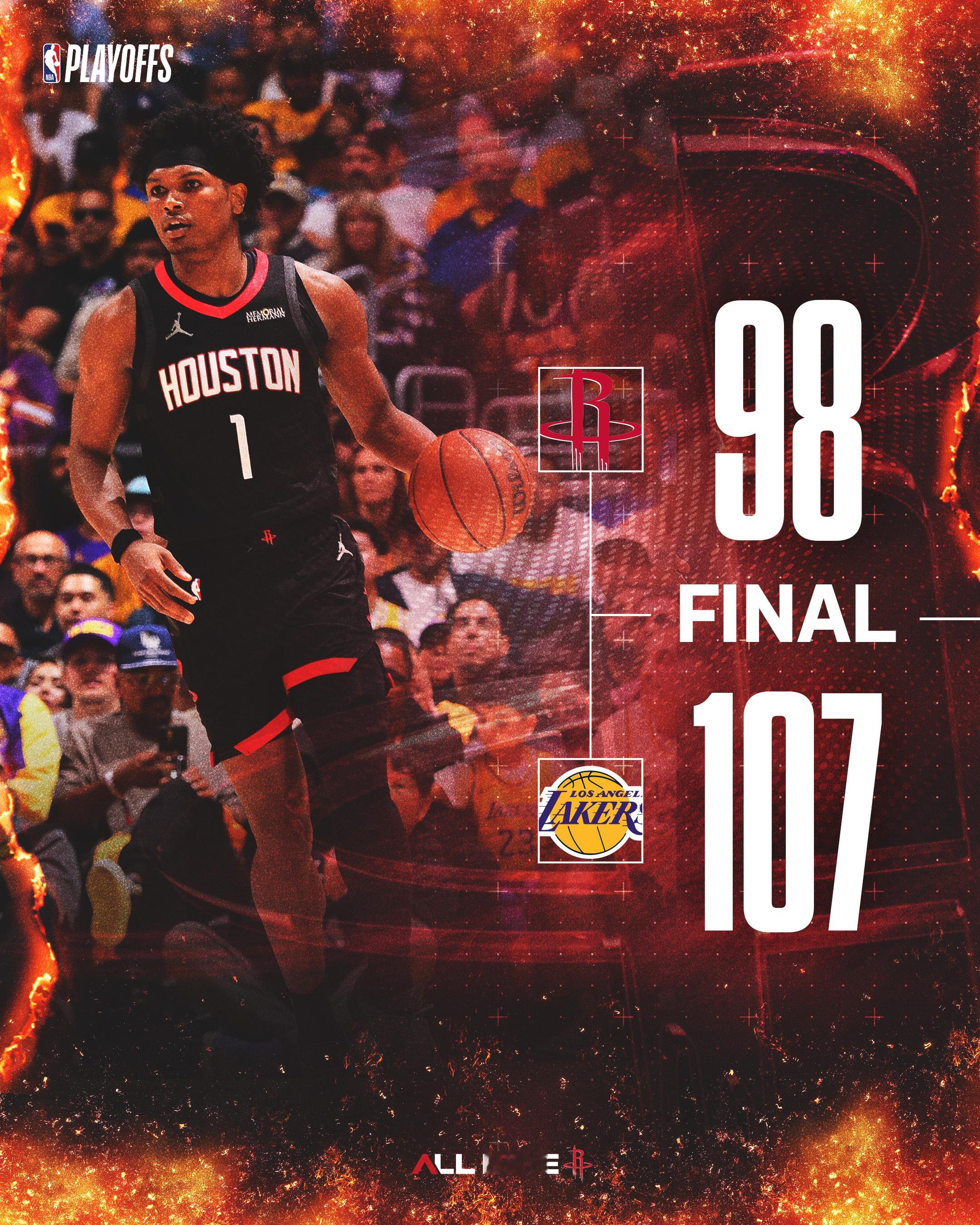 全场比赛结束！火箭98-107湖人！申京19分8板6助2断、阿门17分7板7助2