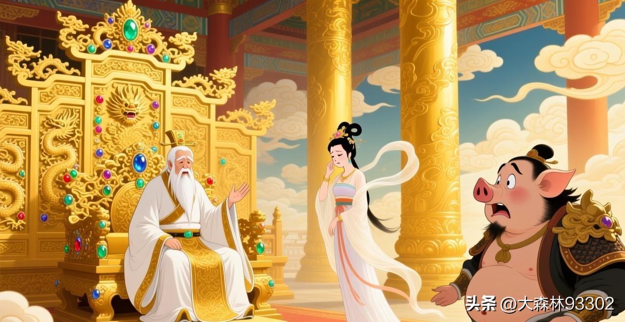 嫦娥哭哭啼啼跑到玉帝面前告状，说天蓬元帅调戏她。玉帝一听，眉头紧锁，转头问太白金