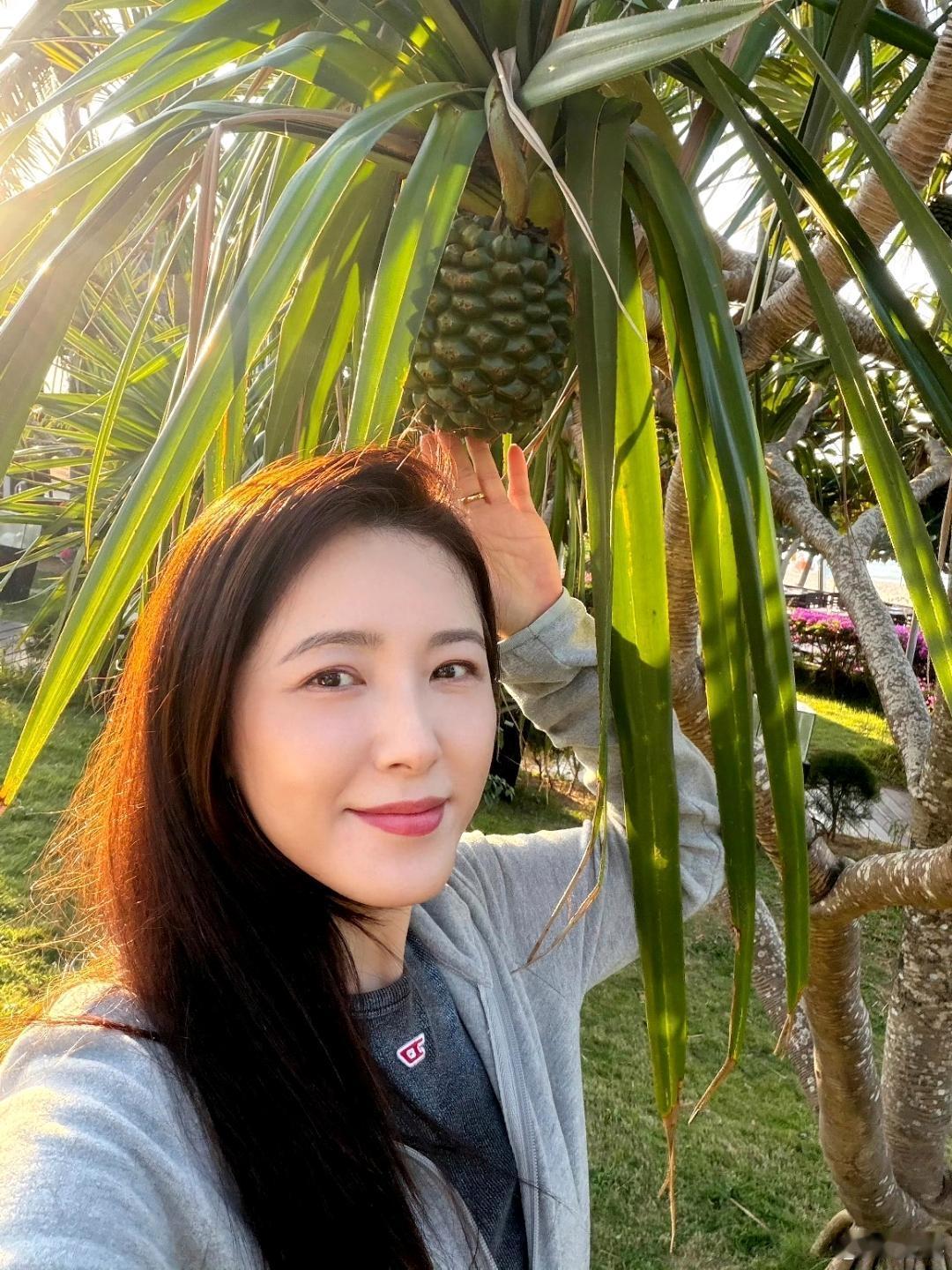 当落日余晖穿过棕榈叶，曾黎用一组随性随拍，把“冻龄女神”的氛围感拉满。

🌿 