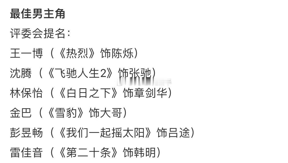 金鸡奖提名出来后，除了贾玲0提名被热议，其他两个奖项类目，最佳男主角和最佳女配角