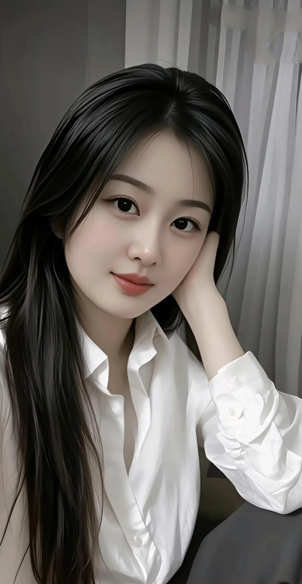 温柔甜美的白衬衫女孩，微笑着靠在窗边，散发着清新自然的气息。