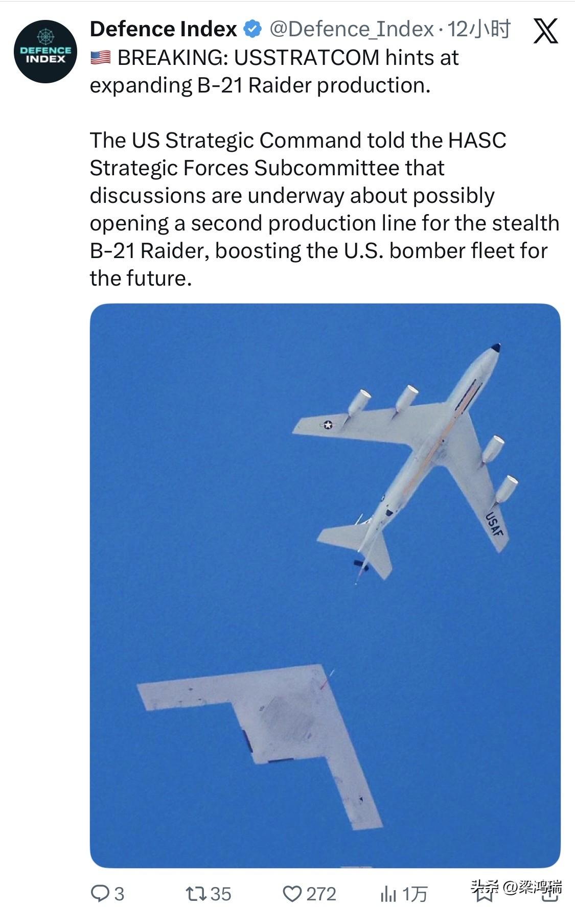 突发新闻：美国战略司令部暗示将扩大 B-21“突袭者”轰炸机的生产。

美国战略