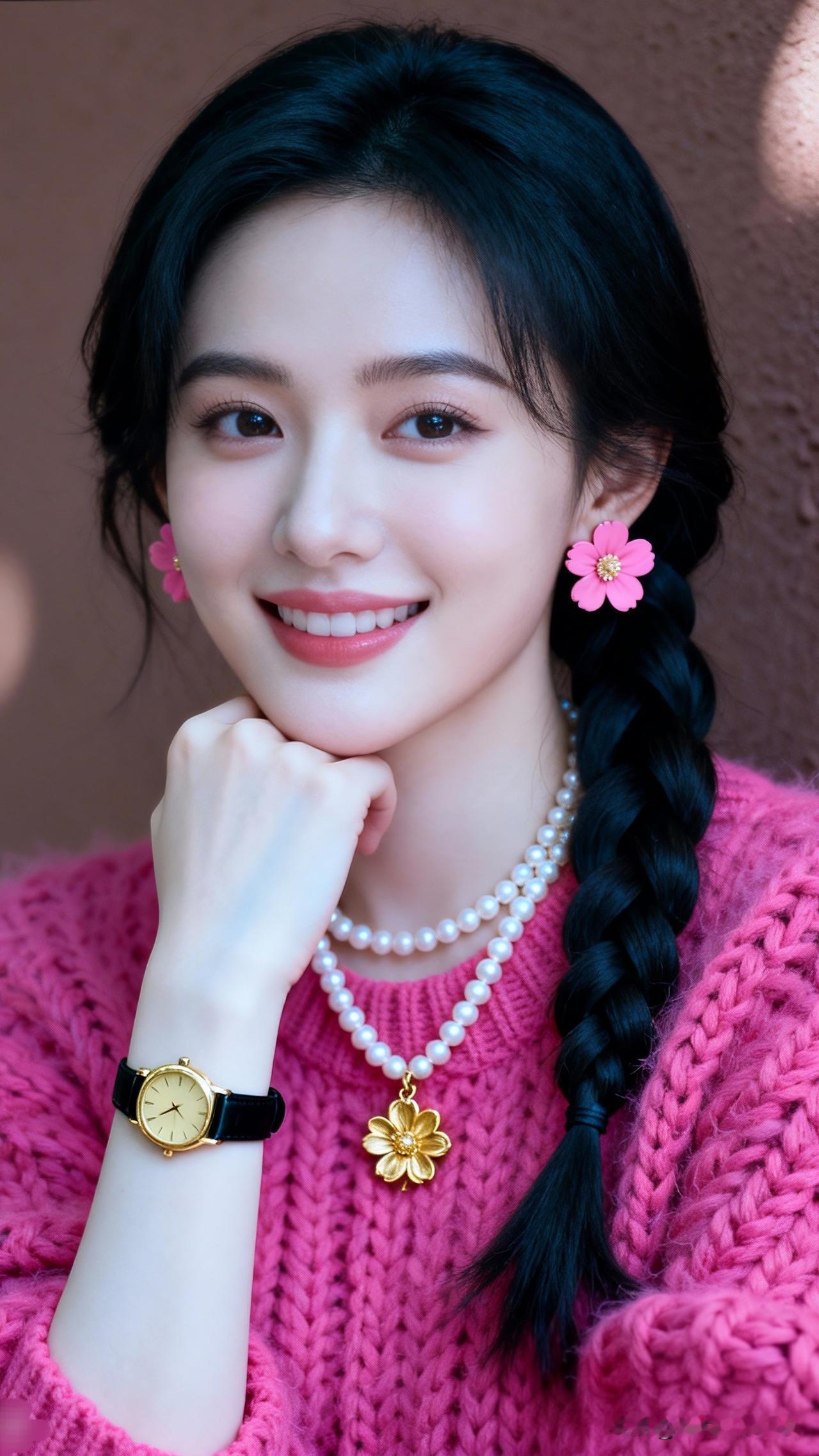 粉衣美人笑，花簪映日红。有哪些美女让人过目难忘？ 甜美少女风，粉色毛衣搭配珍珠项