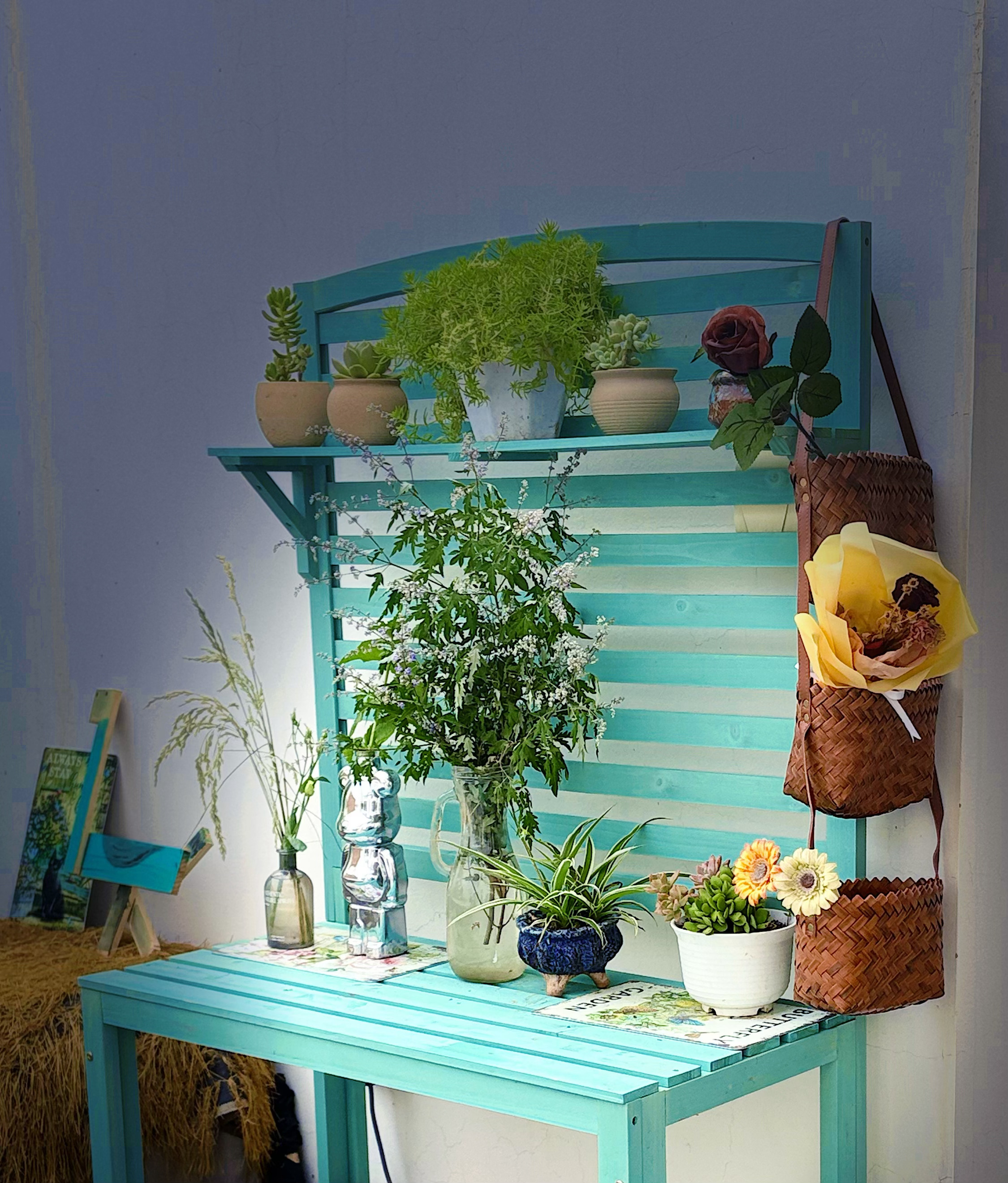 我的花园我的猫田园猫也超美 继续建设我的花架，加了一个可以插花的三层挂篮。在花园