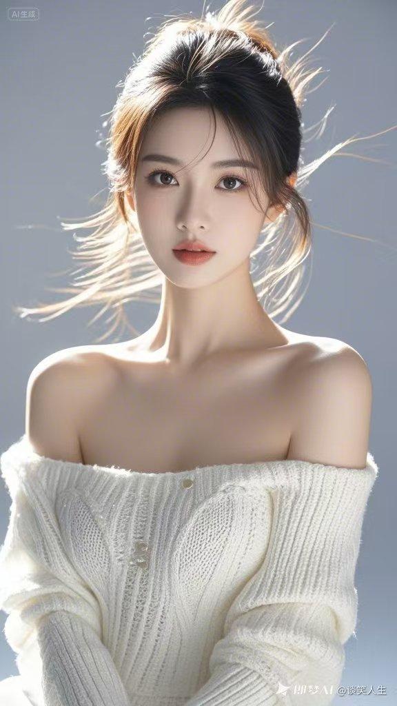 白色毛衣简直是温柔少女心的标配，自带甜美诱惑。白色毛衣针织材质衬得她锁骨精致，身