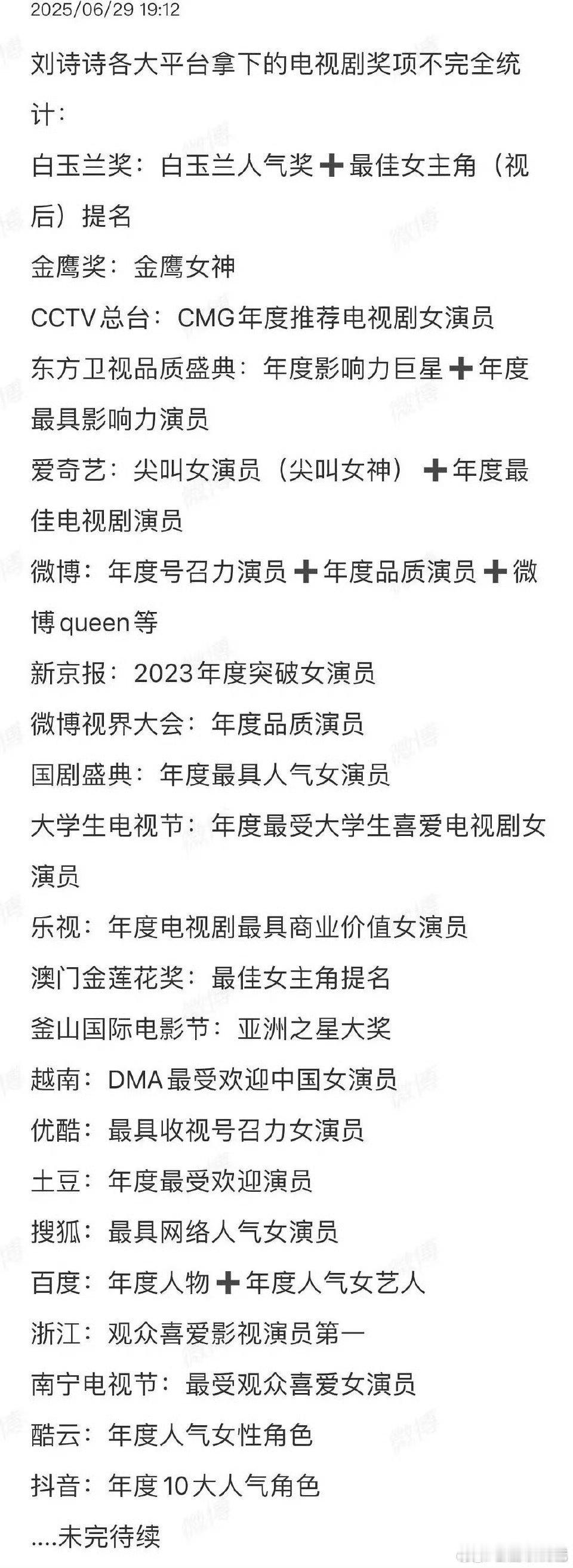 刘诗诗各大平台拿下的电视剧奖项不完全统计： ​​​一姐厉害👍🏻 ​​​