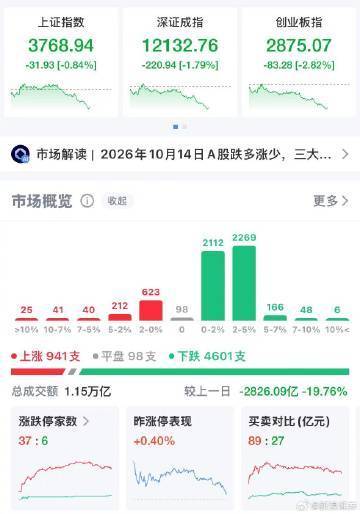 【A股又又又调整 创业板指跌逾3%】A股超4500只下跌个股 10月14日，指数