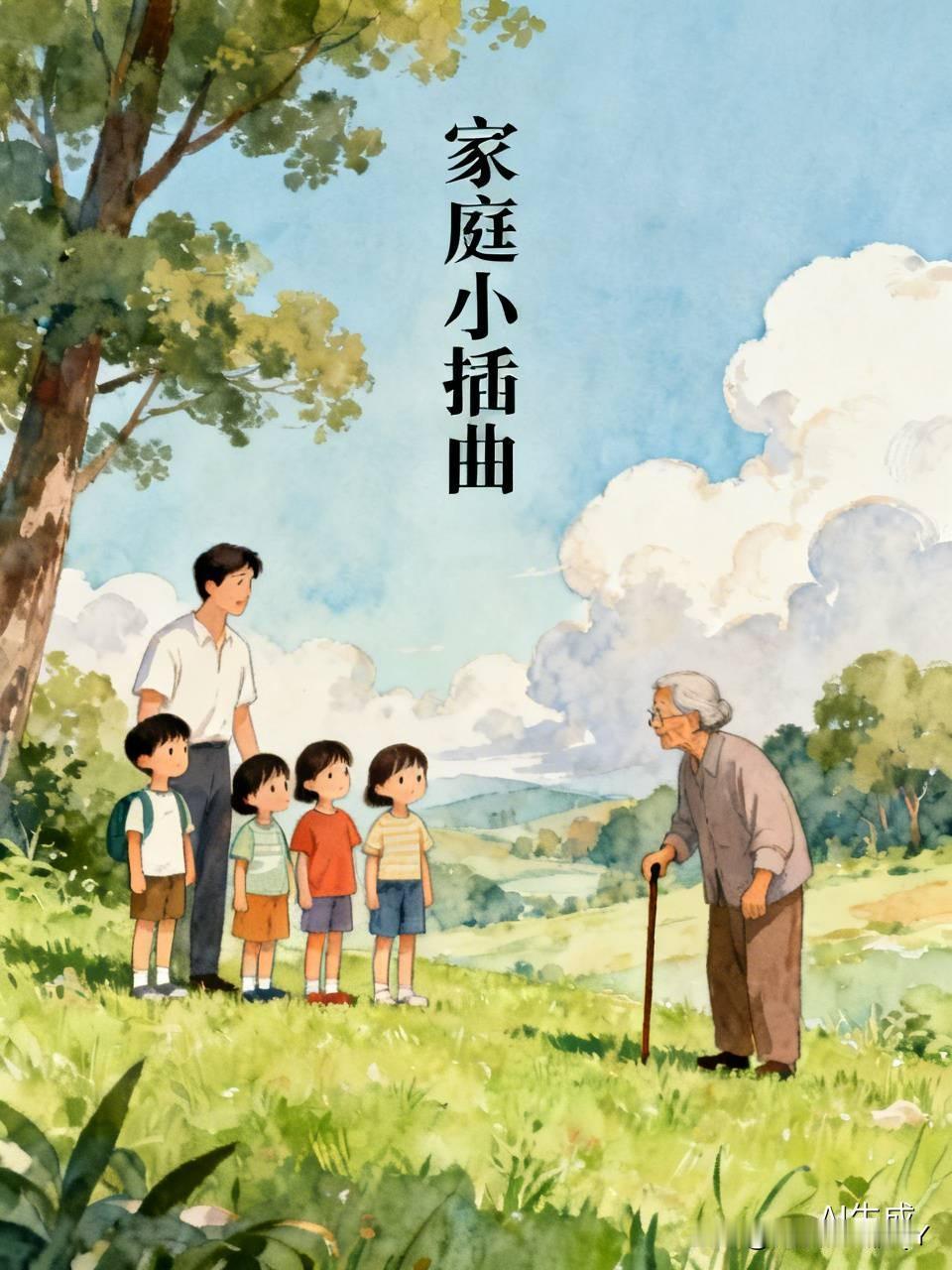 在公园里有个男人领着三个年纪相仿的男孩子，模样还挺像，就像从一个模子里刻出来的“