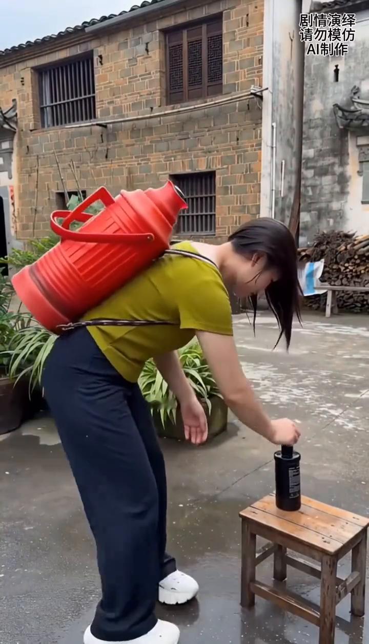 家里热水器坏掉了，于是女子为了能把头洗了，于是她把热水壶整在后背上，就这样她巧妙
