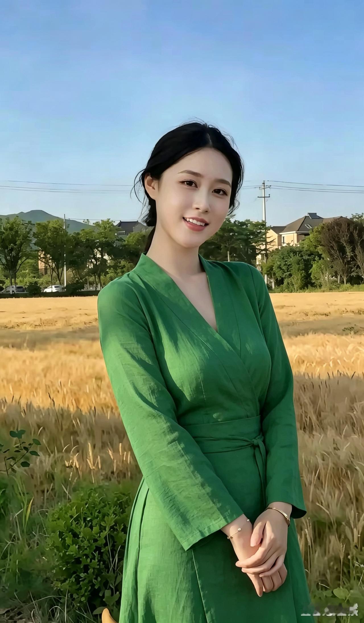 麦田翻浪映晴空，
靓妹亭亭立野中。
黑发轻扬眉目秀，
笑容温婉沐秋风。
一身简装
