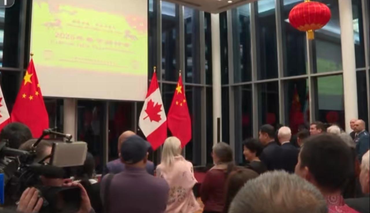 加拿大2026春节联欢晚会现场暖意融融，中加两国国旗并肩矗立，红灯笼与中国结将会