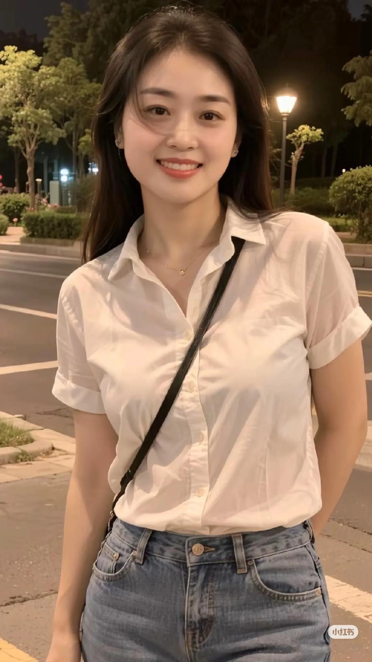 夜晚街头的清新穿搭，简约白衬衫+牛仔裤，元气满满！街拍 美女
