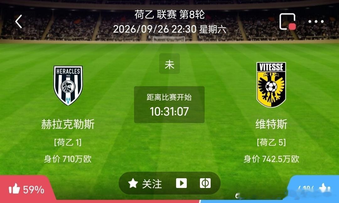赫拉克勒斯 vs 维特斯赫拉克勒斯（荷乙联赛第8轮）✅利好：荷乙排名第1，身价7