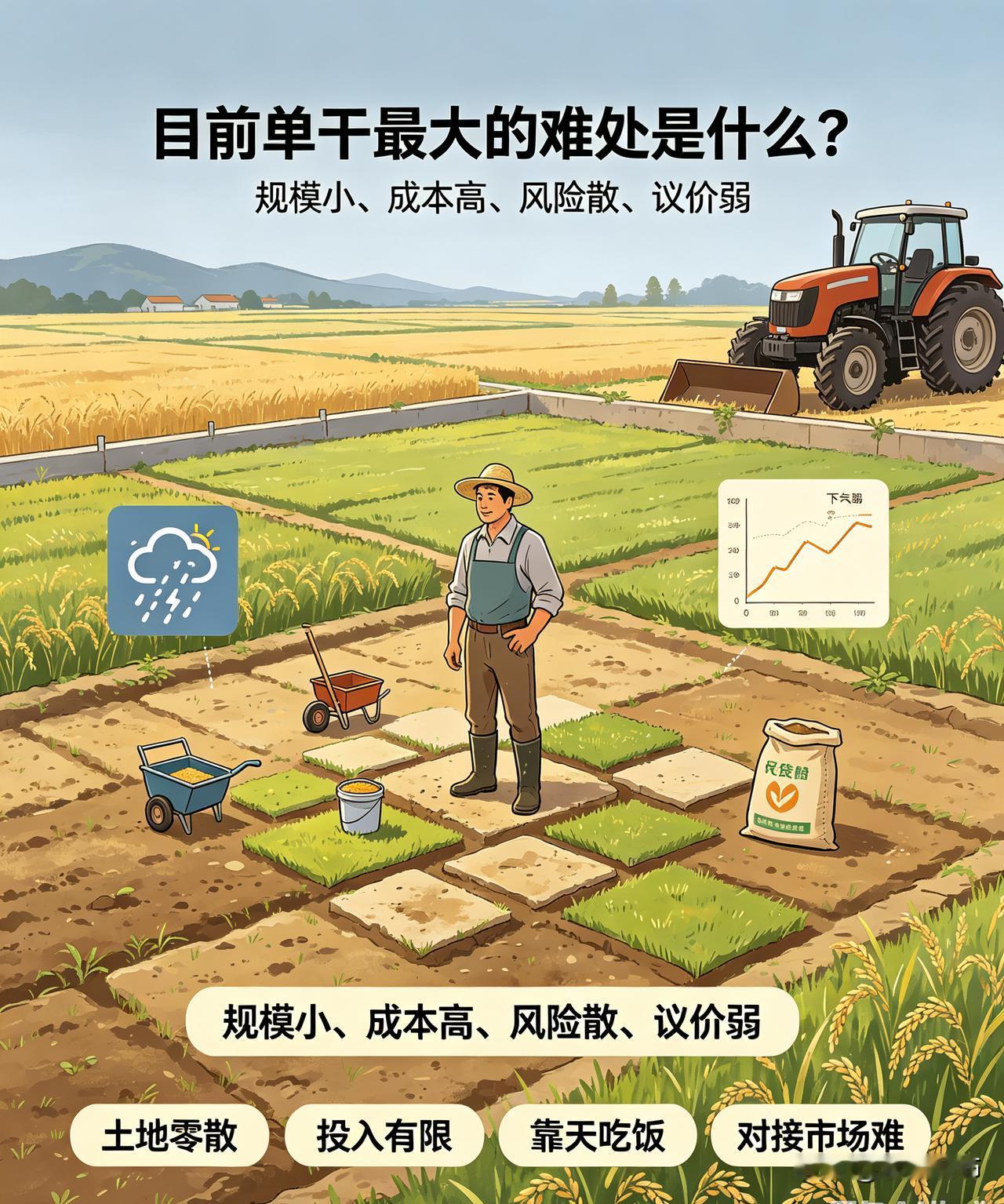 目前单干最大的难处是什么?
目前农业单干最大难处是规模受限。农户土地零散，很难摊