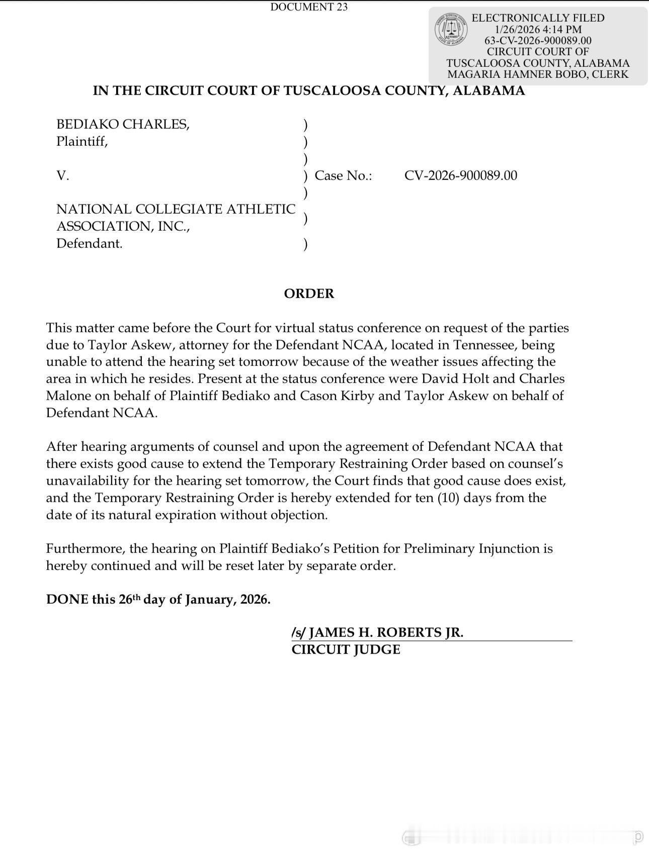 由于天气原因NCAA律师无法出席原定周二举行的关于 Charles Bediak