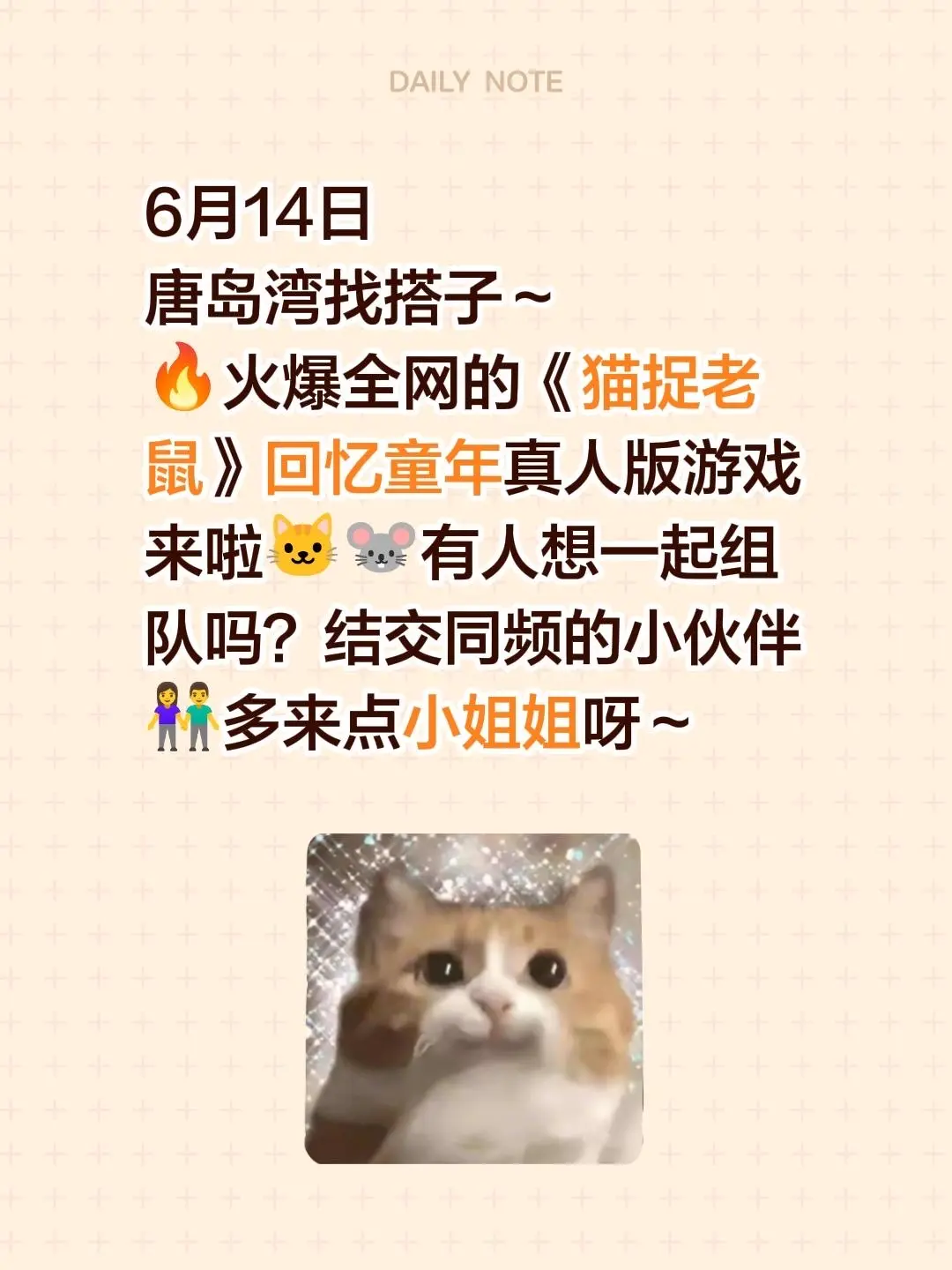 6月14日 唐岛湾找搭子～ 🔥火爆全网的《猫捉老鼠》回忆童年真人版游...