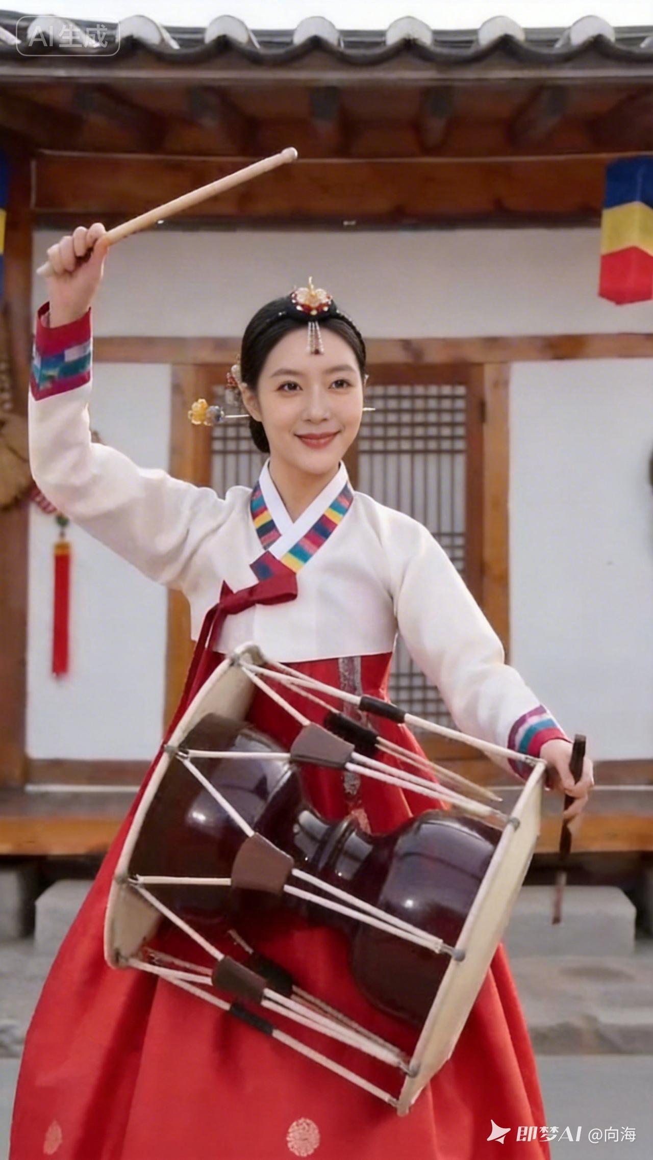 🌸 身着韩服，手持传统鼓，感受古韵之美！🎼💃🏻