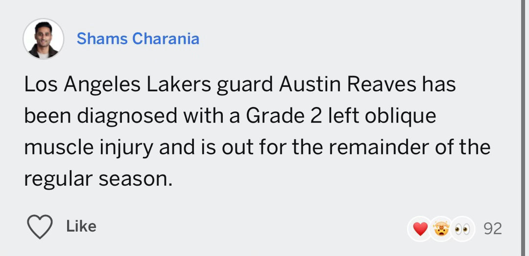洛杉矶湖人队后卫奥斯汀·里夫斯被诊断为左侧腹斜肌二级拉伤，将缺席本赛季常规赛剩余