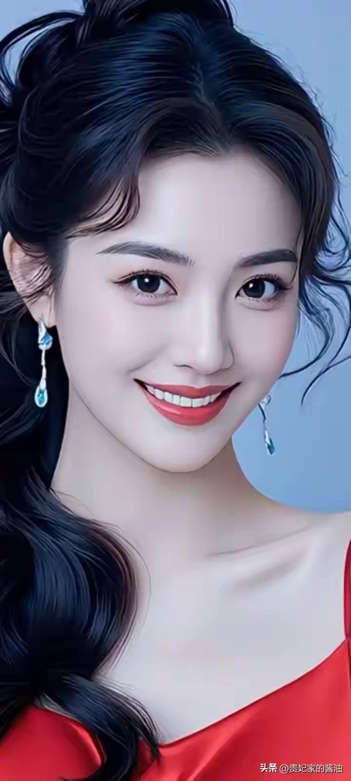 身着优雅红裙，佩戴闪耀精致耳环，搭配清甜治愈的笑容，气质温婉又明艳，满是动人女神