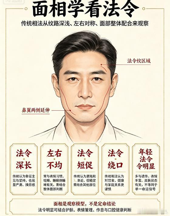 面相学看法令八字命理  面相 　　所谓法令纹，是指从鼻翼两侧延伸向嘴角的两条对称