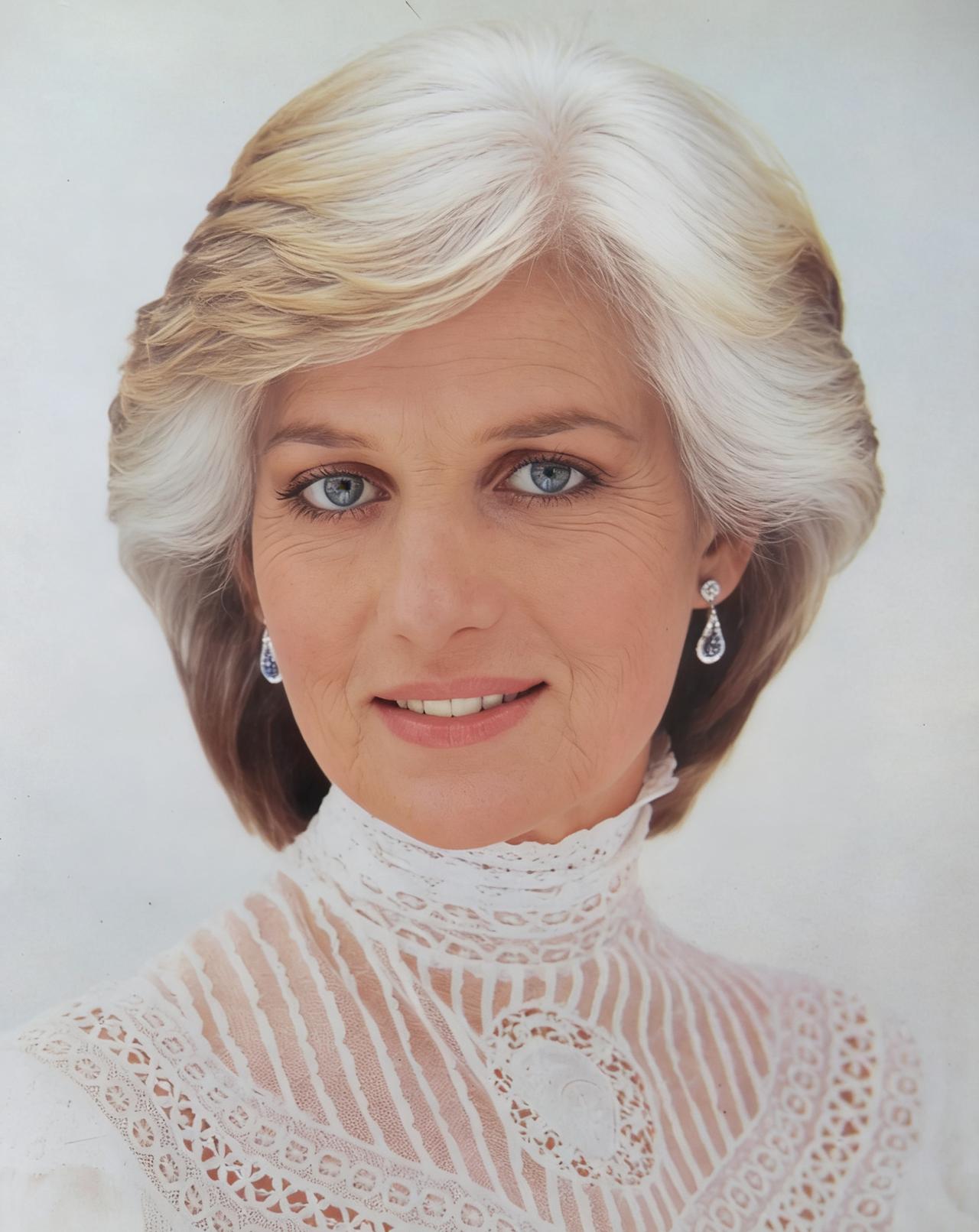 63岁的黛安娜王妃同样美丽，岁月在她的脸上留下印记，向我们讲述着她的一生。多了一