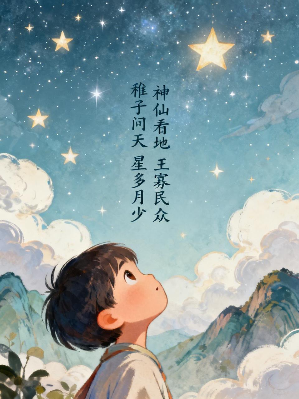 稚子问天，星多月少，
神仙看地，王寡民众。                   