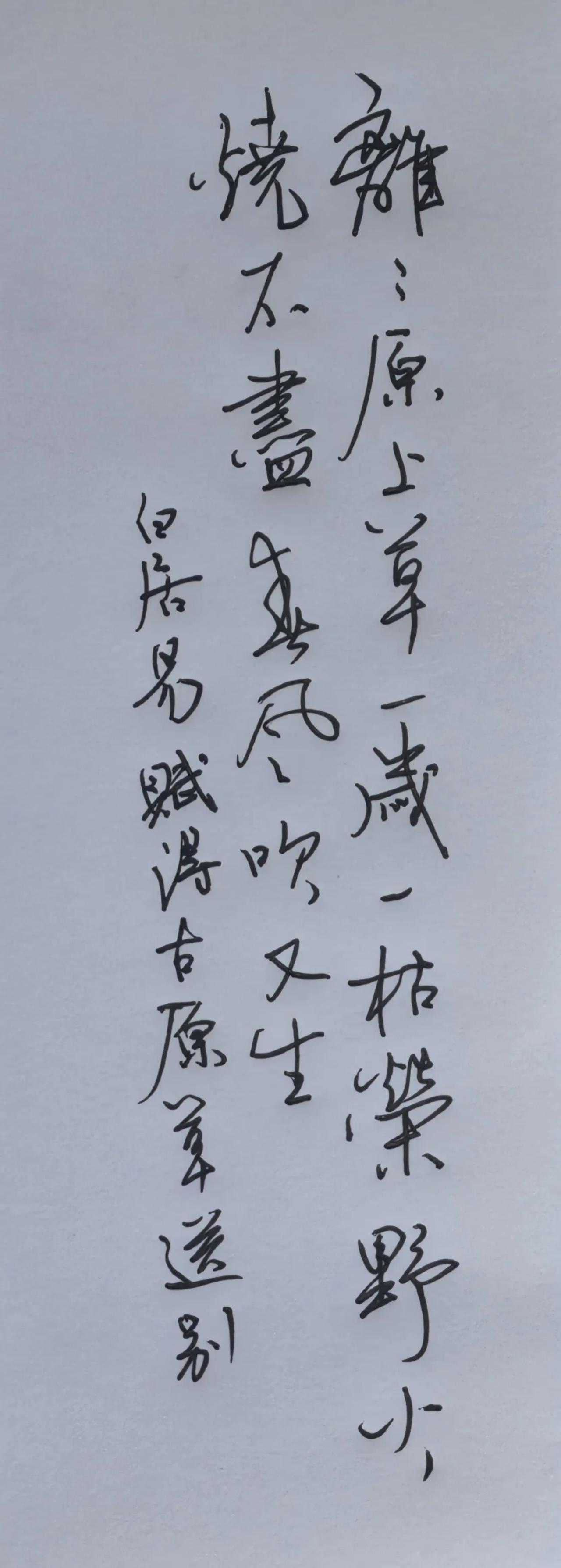 中性笔书写
离离原上草，一岁一枯荣。
野火烧不尽，春风吹又生。
落款：白居易 赋