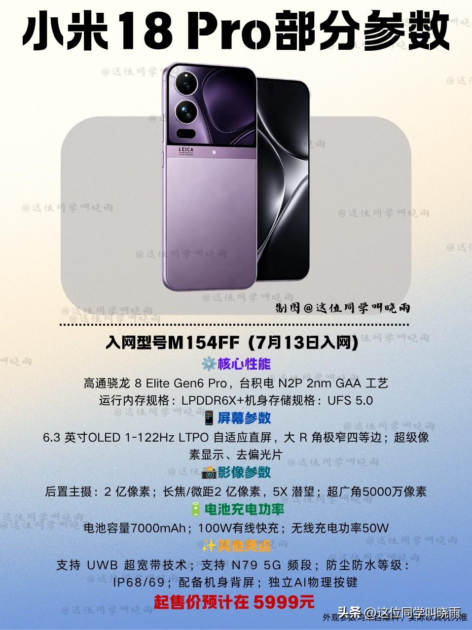 将于9月发布的小米18 Pro已于7月13日正式入网，从入网信息可以看到小米18