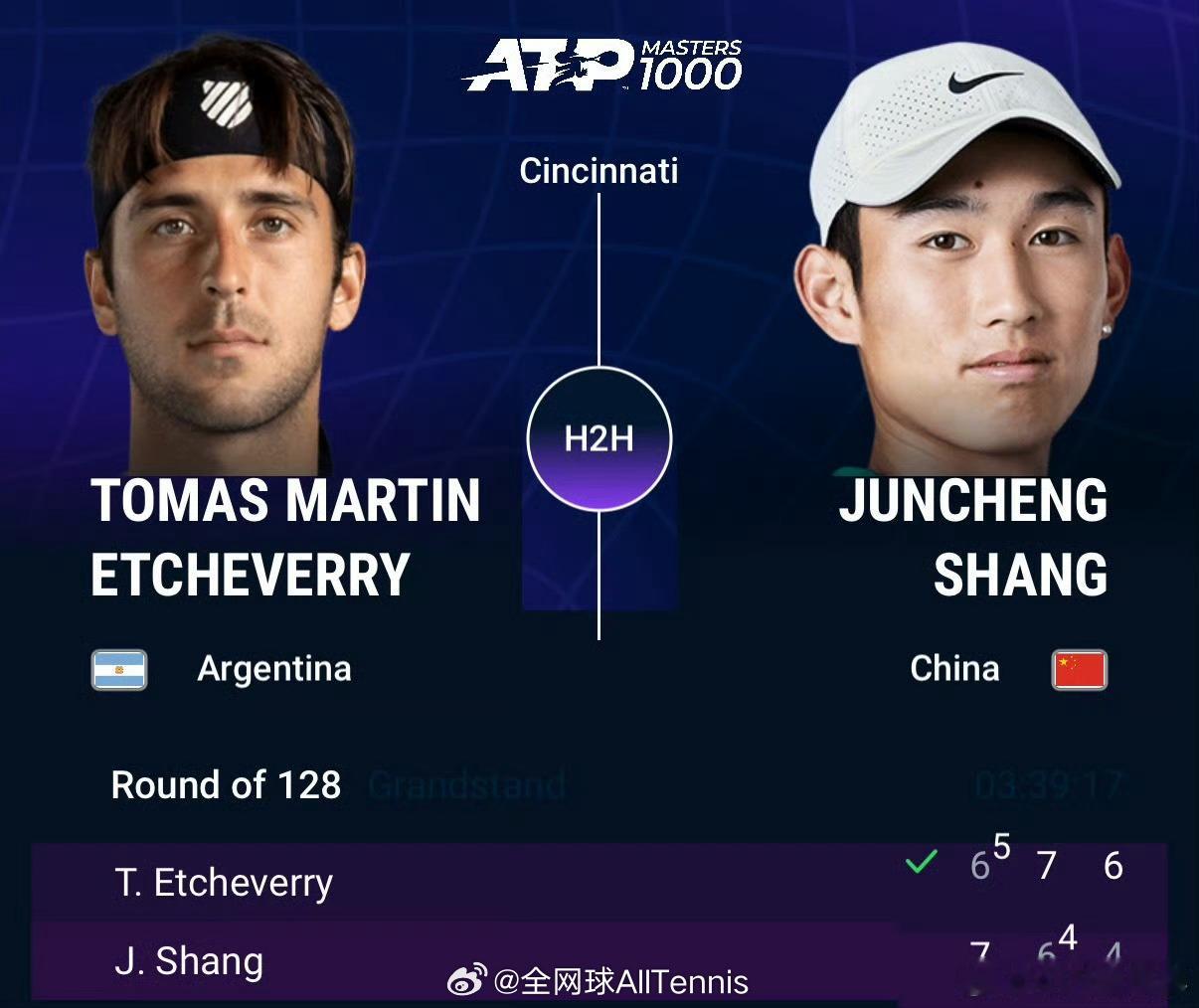 ATP1000 辛辛那提大师赛首轮，商竣程错失次盘5-2领先，最终以7-6(5)