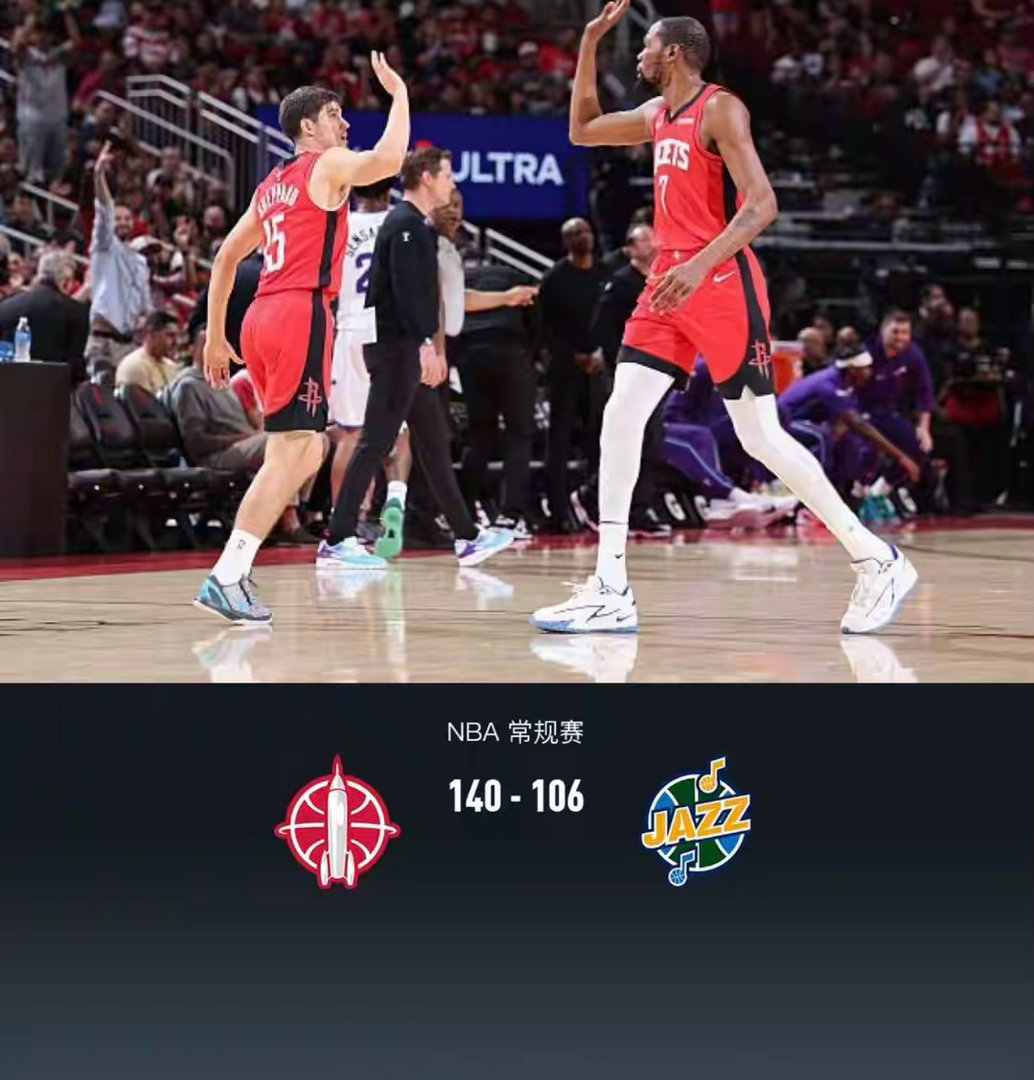 火箭140-106狂胜爵士，杜兰特25+5+6，阿门21+8，科迪-威廉姆斯27
