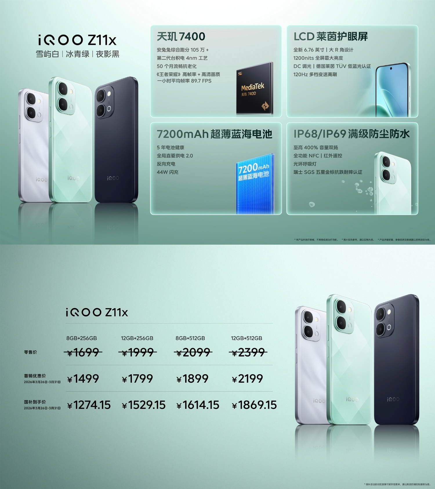 还有一款千元机，iQOO Z11x。天玑7400，7200mAh电池，LCD护眼