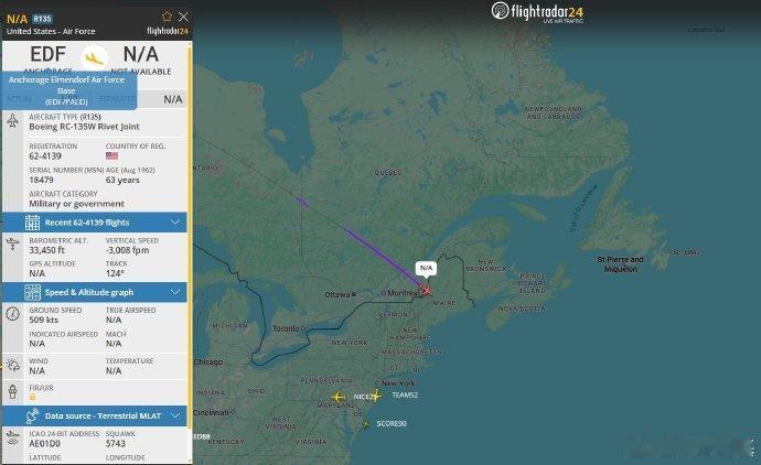 据媒体报道，日前一架RC-135W（尾号62-4139）从冲绳嘉手纳飞到阿拉斯加