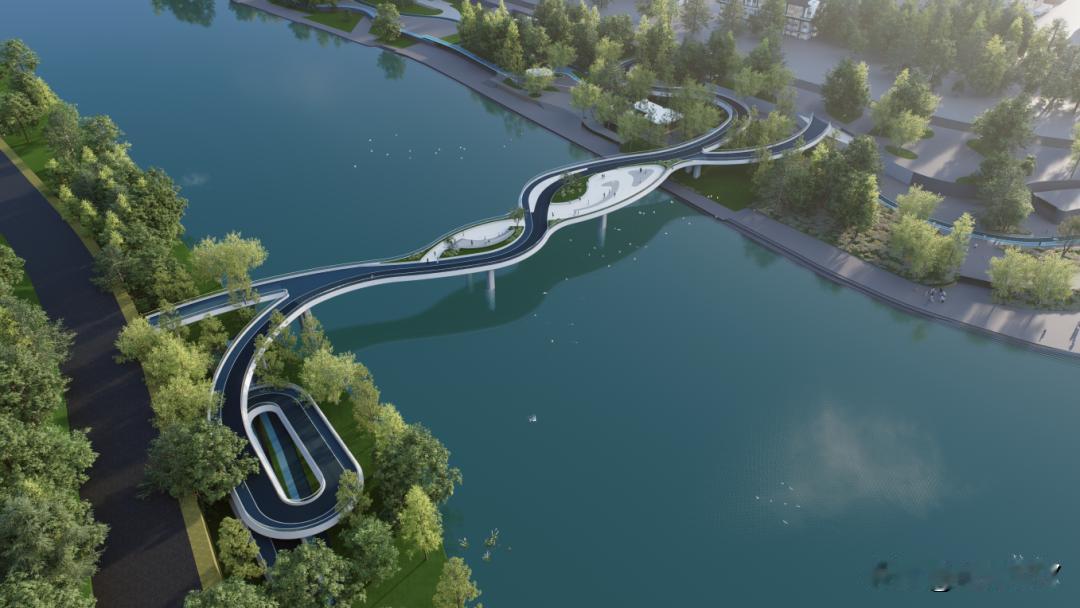 绵阳青年广场安昌河入涪江处修这个步行天桥，尽管有点好看，但是还是没有解决通车的问