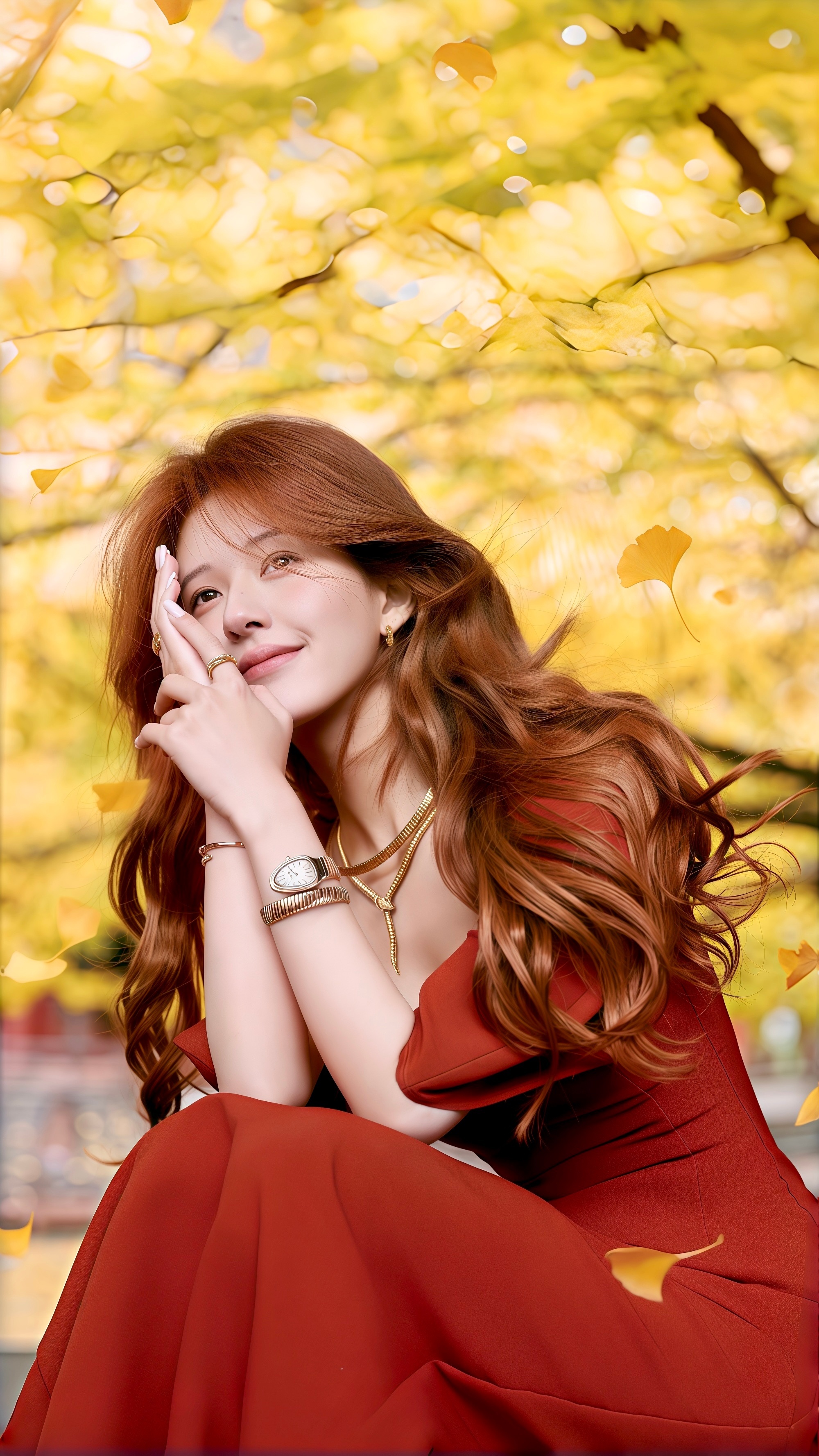 🍉赵露思佩戴BVLGARI宝格丽珠宝💎演绎时尚大片气场全开，红裙棕发从甜美小