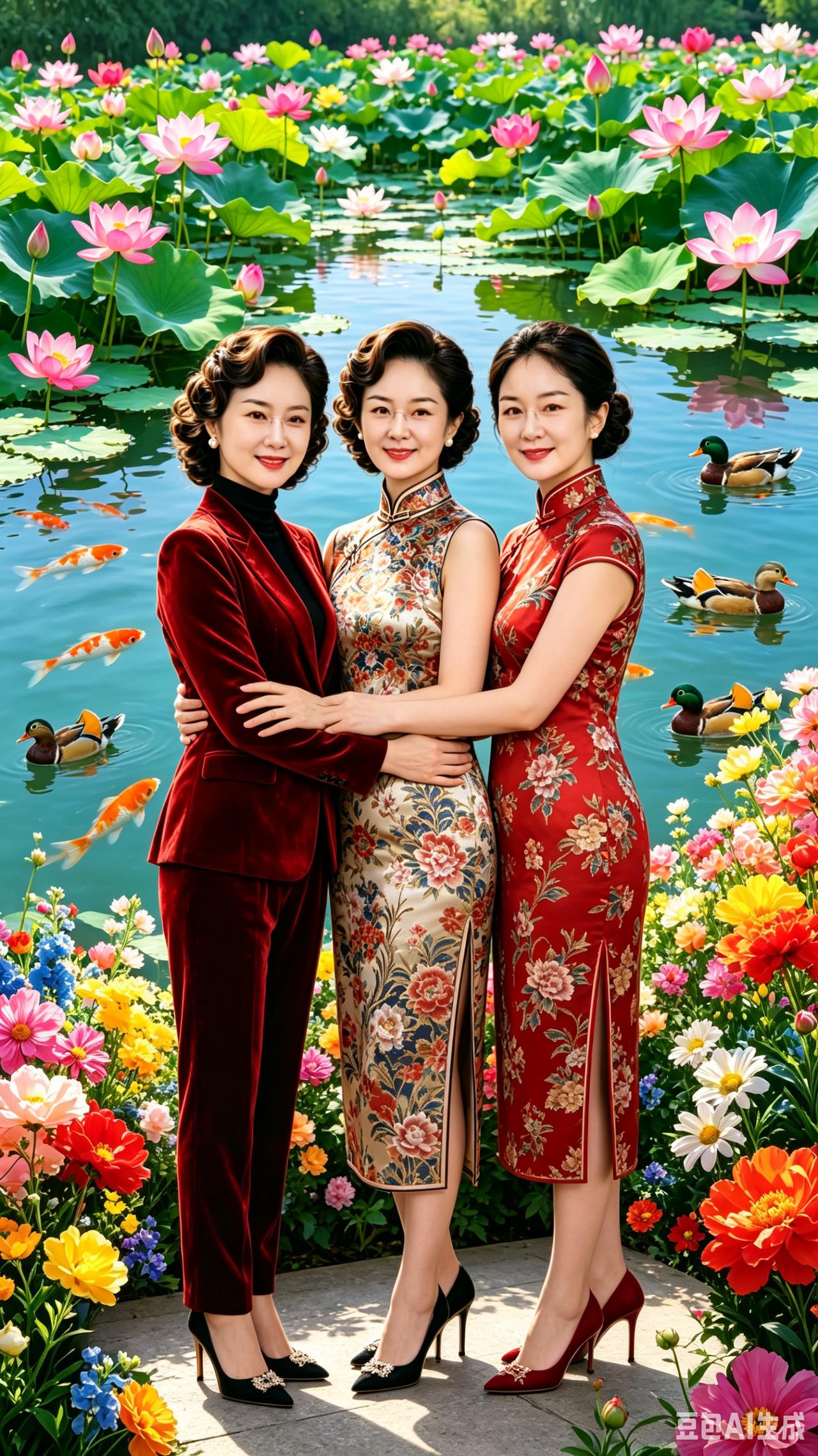 荷塘之中，碧水荡漾，锦鲤与鸳鸯自在游弋。三位性情温柔的姐妹深情相拥，她们身着端庄