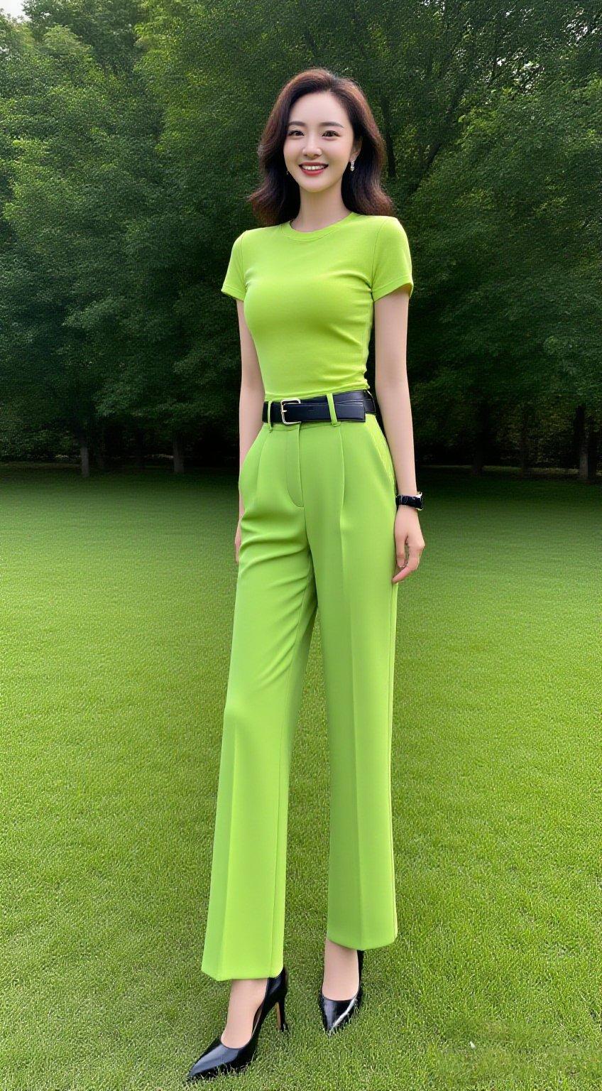 绿衣美人倚绿树，笑语盈盈意自闲。