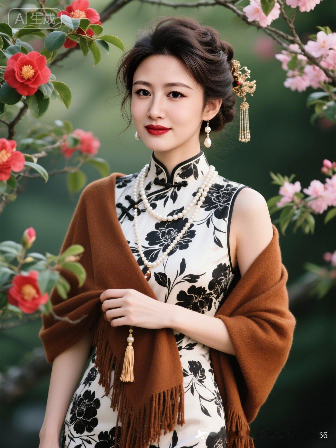 这位女士穿着旗袍，优雅又美丽。