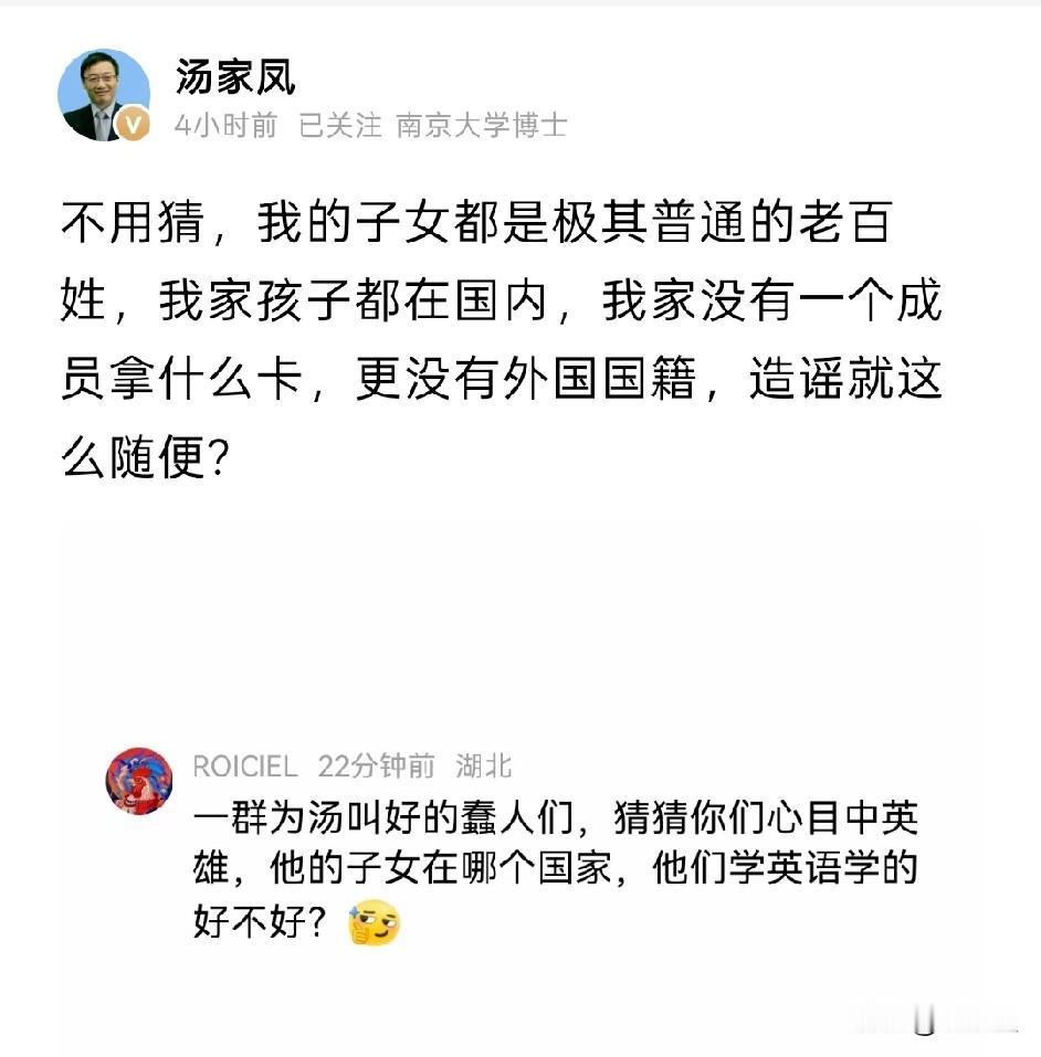 汤家凤教授关于网友质疑他的子女在国外做出了回应，称他的子女都是非常普通的人，他们
