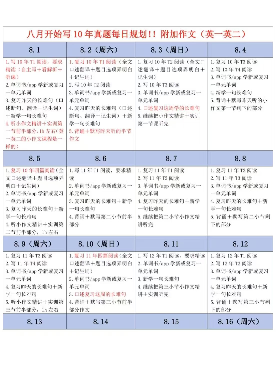 26考研丨八月阅读➕作文日规划！（英一英二