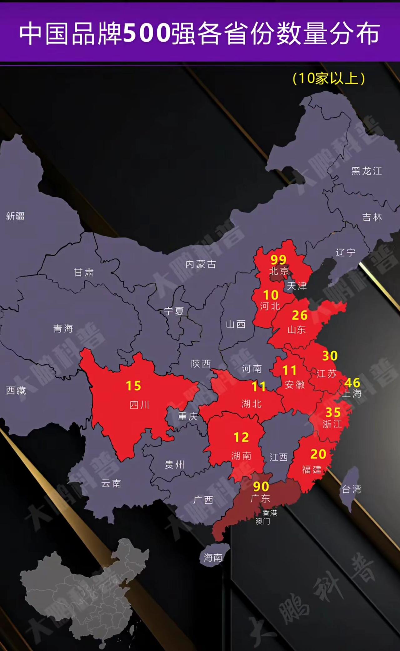 图示中国品牌500强在各省份的数量分布（10家以上），采用地图填色+数字标注形式