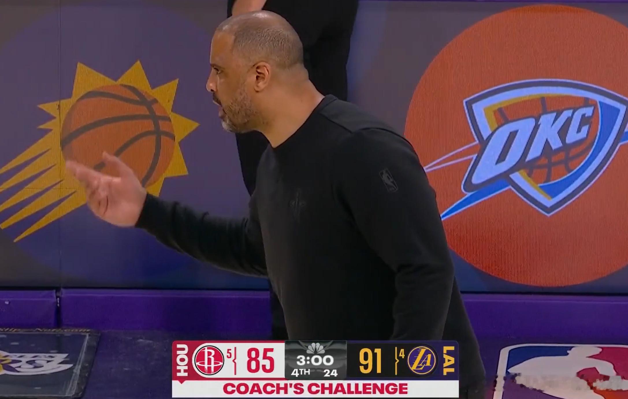 乌度卡挑战，火箭目前落后6分，比赛只剩3分钟！火箭vs湖人nba季后赛