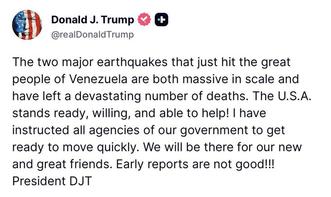 “刚刚袭击委内瑞拉伟大人民的两次大地震，规模都极其巨大，并造成了毁灭性的死亡人数