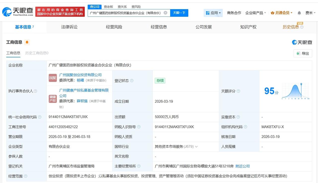 广州广健医药创新股权投资基金登记成立 出资额5亿

天眼查工商信息显示，近日，广
