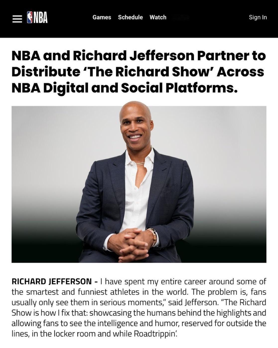 NBA与NBA总冠军理查德·杰弗森携手，将在NBA的社交媒体和数字平台上推出一档