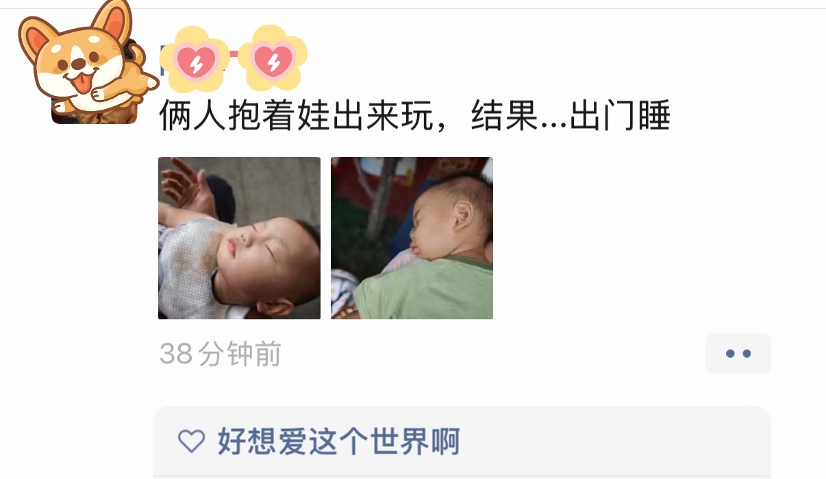 和姐妹相约周末一起带娃，俩娃在家疯的不行，想着带出门户外，然后刚出门俩孩子秒睡，