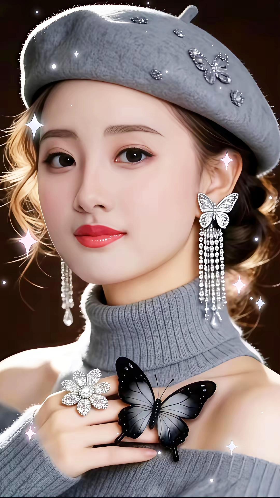 优雅复古风，灰色贝雷帽与蝴蝶耳环的完美搭配，尽显时尚魅力！