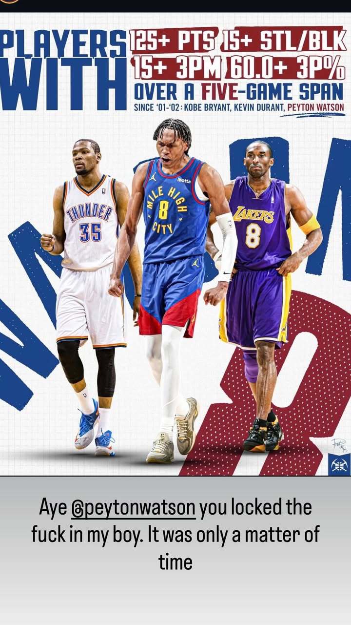 杜兰特在沃特森近期获得周最佳球员奖后，发ins对沃特森大加称赞。【NBA官方：暖