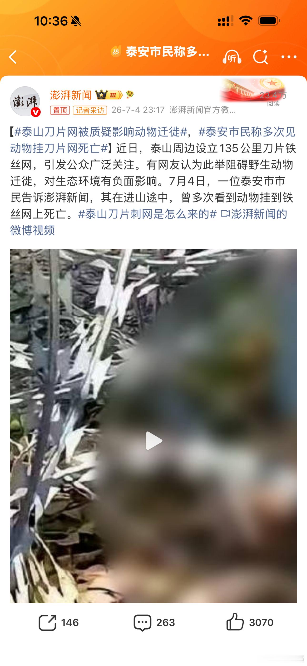 泰安市民称多次见动物挂刀片网死亡泰山135公里刀片网：防住了人，拦住了兽，也割断